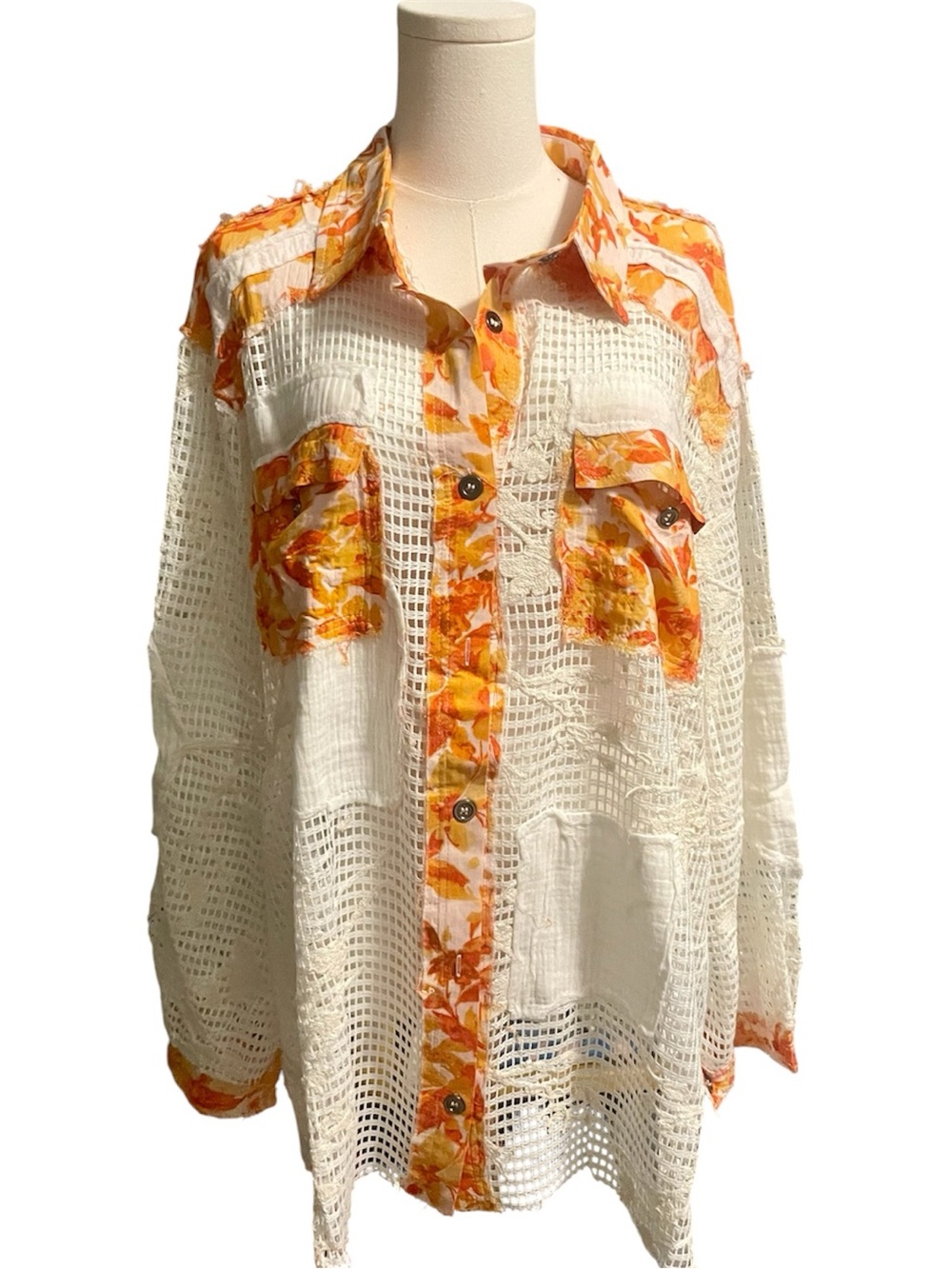 POL Floral Crochet Patchwork Button Down Top Boho Lace Gauze Shirt M NWT - Picture 3 of 12